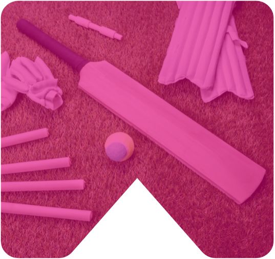 A cricket bat, ball, gloves, wickets and shin pads