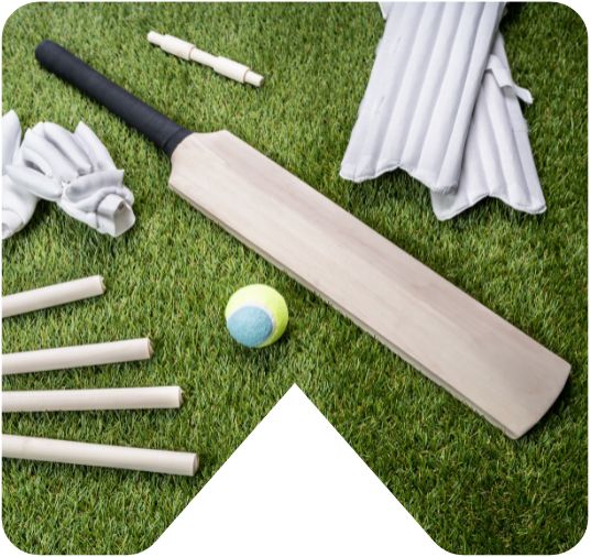 A cricket bat, ball, gloves, wickets and shin pads